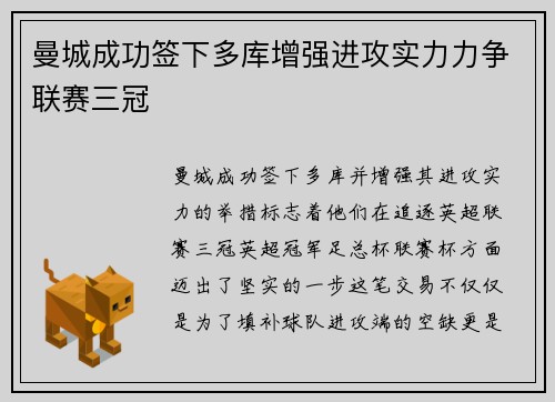曼城成功签下多库增强进攻实力力争联赛三冠 曼城成功签下多库增强进攻实力力争联赛三冠